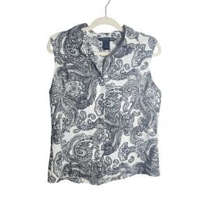 Saint Tropez West Linen Button Front Tank Sz XL black/white Paisley beachy boho